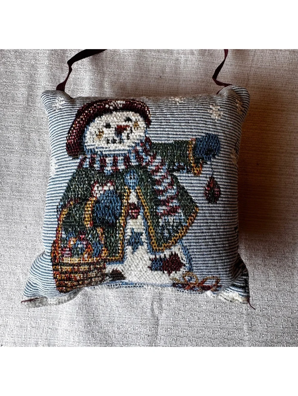 Vintage Longaberger Snowman Tapestry Hanging Pillow Ornament 6x6 Christmas Decor